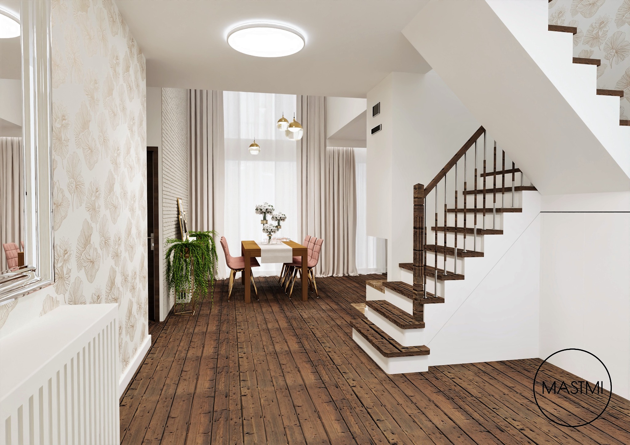 Wnętrze domu z drewnianą podłogą, schodami i stołem jadalnym z różowymi krzesłami, oświetlone nowoczesnymi lampami wiszącymi i sufitową, z rośliną w złotej donicy przy ścianie w kwiatowy wzór.