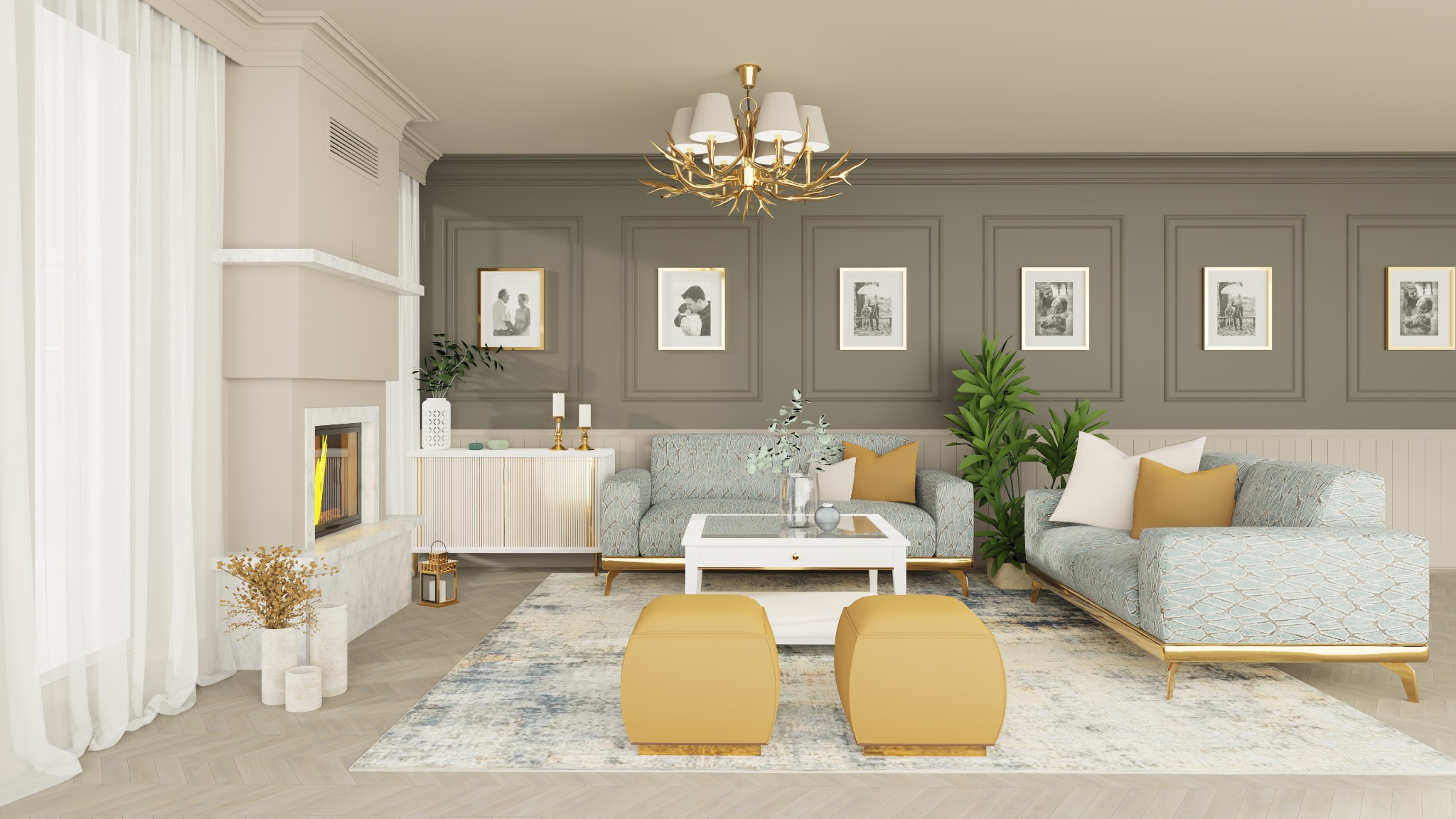 Elegancki salon z kominkiem, szarozielonymi ścianami z dekoracyjnymi ramami, dwoma kanapami w pastelowe wzory, złotym żyrandolem w kształcie gałęzi i dwoma żółtymi pufami na wzorzystym dywanie.