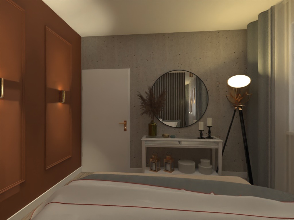 Sypialnia w neutralnych barwach z łóżkiem z szarą narzutą i białymi pasami, toaletką z okrągłym lustrem, lampą na trójnogu i dekoracyjną ścianą w kolorze terakoty z listwami.