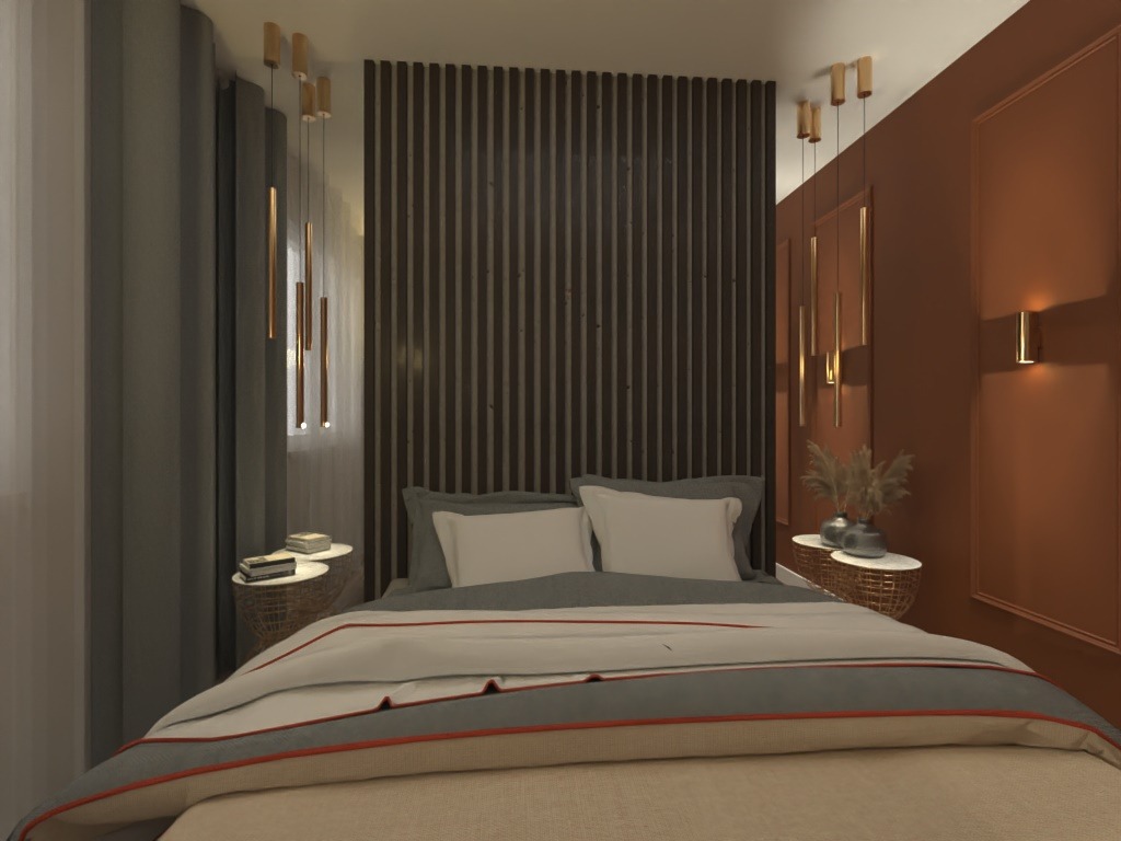 Nowoczesna sypialnia z ciemną, pionowo żebrowaną ścianą za łóżkiem, oświetlona wiszącymi lampami w kolorze złota i kinkietem na pomarańczowej ścianie, z okrągłymi stolikami nocnymi z metalowej siatki.