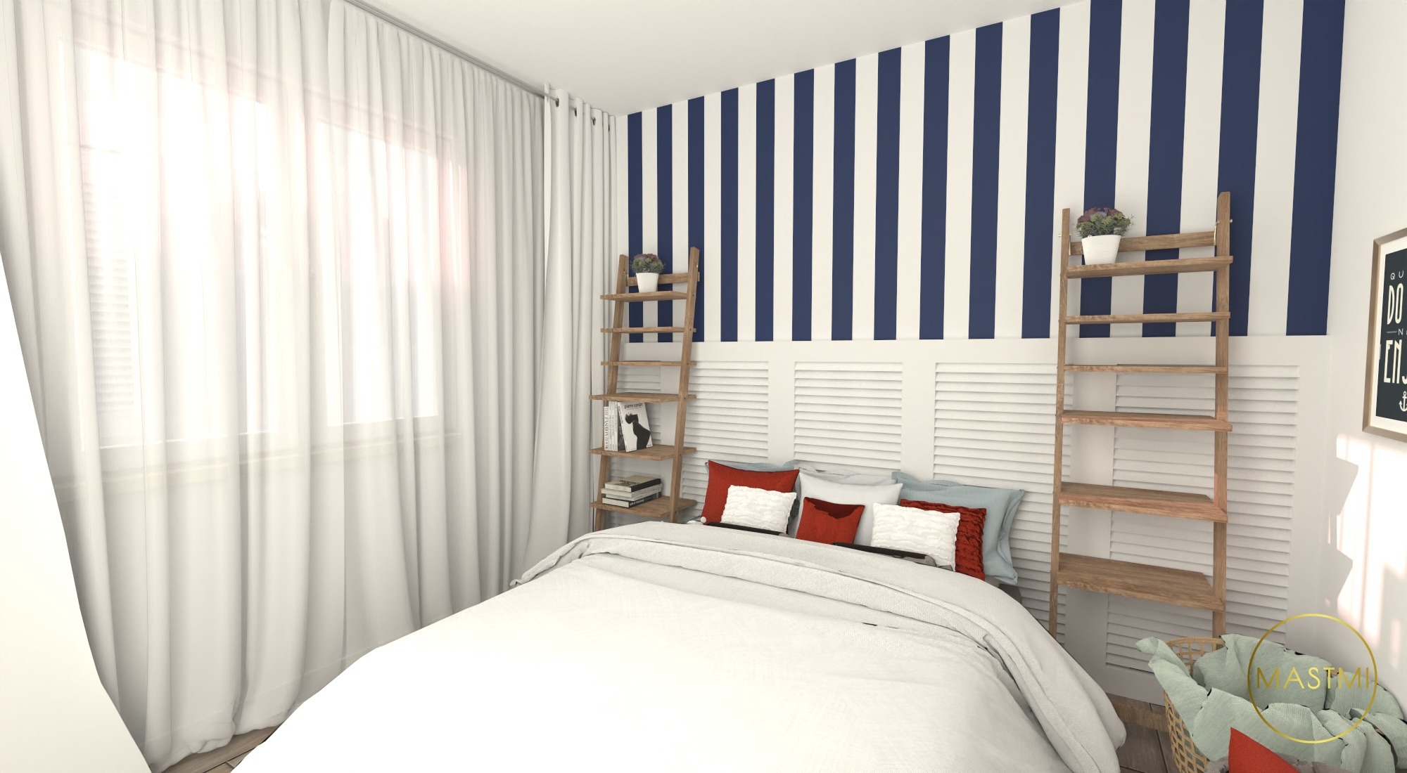 Jasna sypialnia w Warszawie z łóżkiem przykrytym białą pościelą, drewnianymi regałami drabinkowymi po bokach, ścianą w biało-granatowe pasy i białymi zasłonami w oknie.