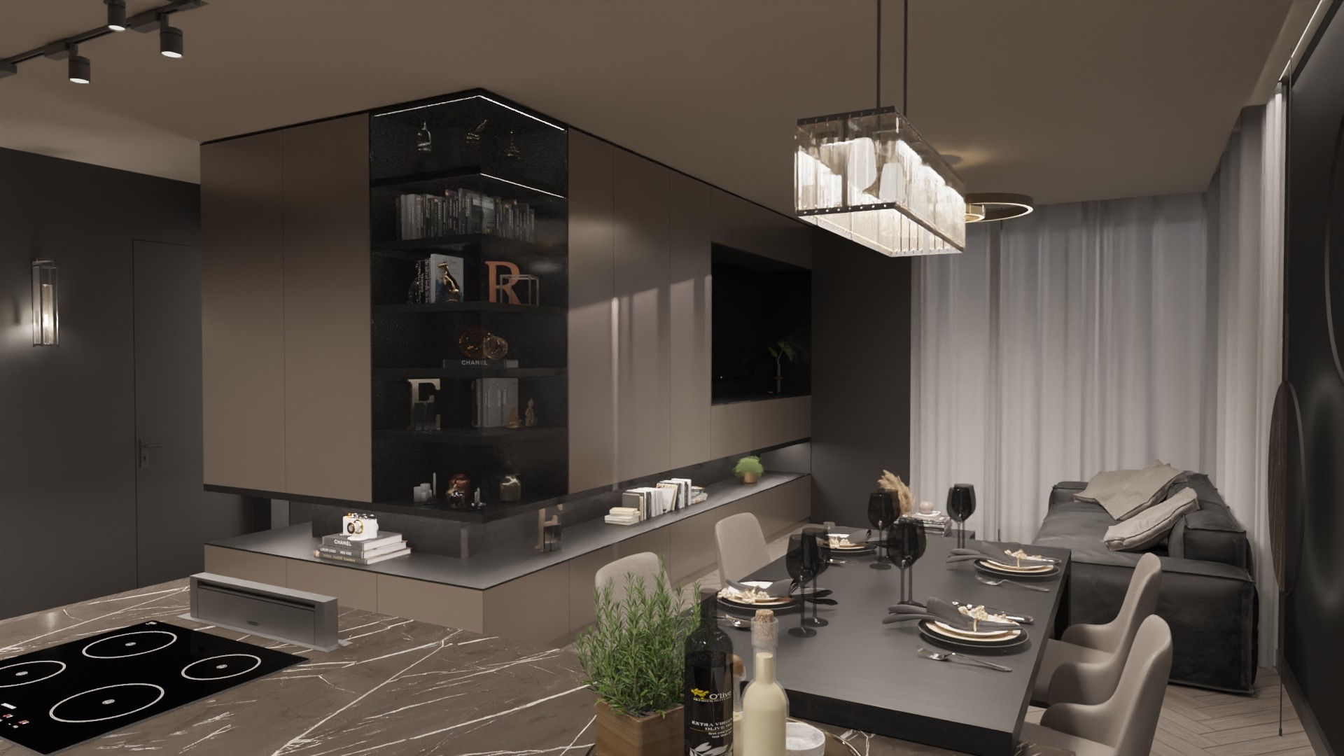 Nowoczesne wnętrze jadalni z ciemnymi akcentami, marmurową podłogą i wyszukanym oświetleniem, widok na część kuchenną z płytą indukcyjną i minimalistyczną zabudową.