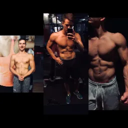 Montaż trzech ujęć: mężczyzna prezentuje sylwetkę przed i po treningu personalnym, środkowe zdjęcie to selfie w trakcie treningu na siłowni.