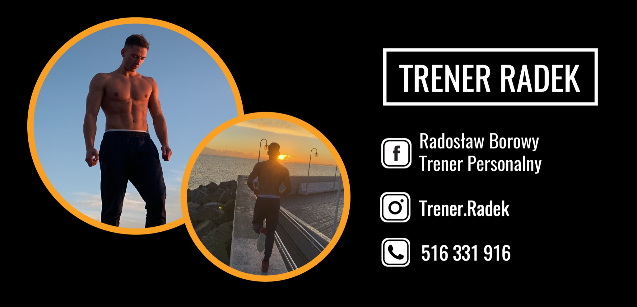 Grafika reklamowa trenera personalnego: mężczyzna bez koszulki na tle nieba i morza, oraz dane kontaktowe.