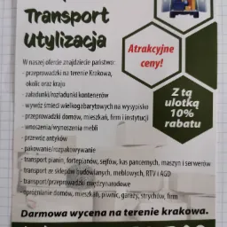 Ulotka reklamowa firmy oferującej usługi transportowe, w tym wywóz śmieci, transport pianin i antyków, z hasłem 'Atrakcyjne ceny!' i informacją o 10% rabacie.