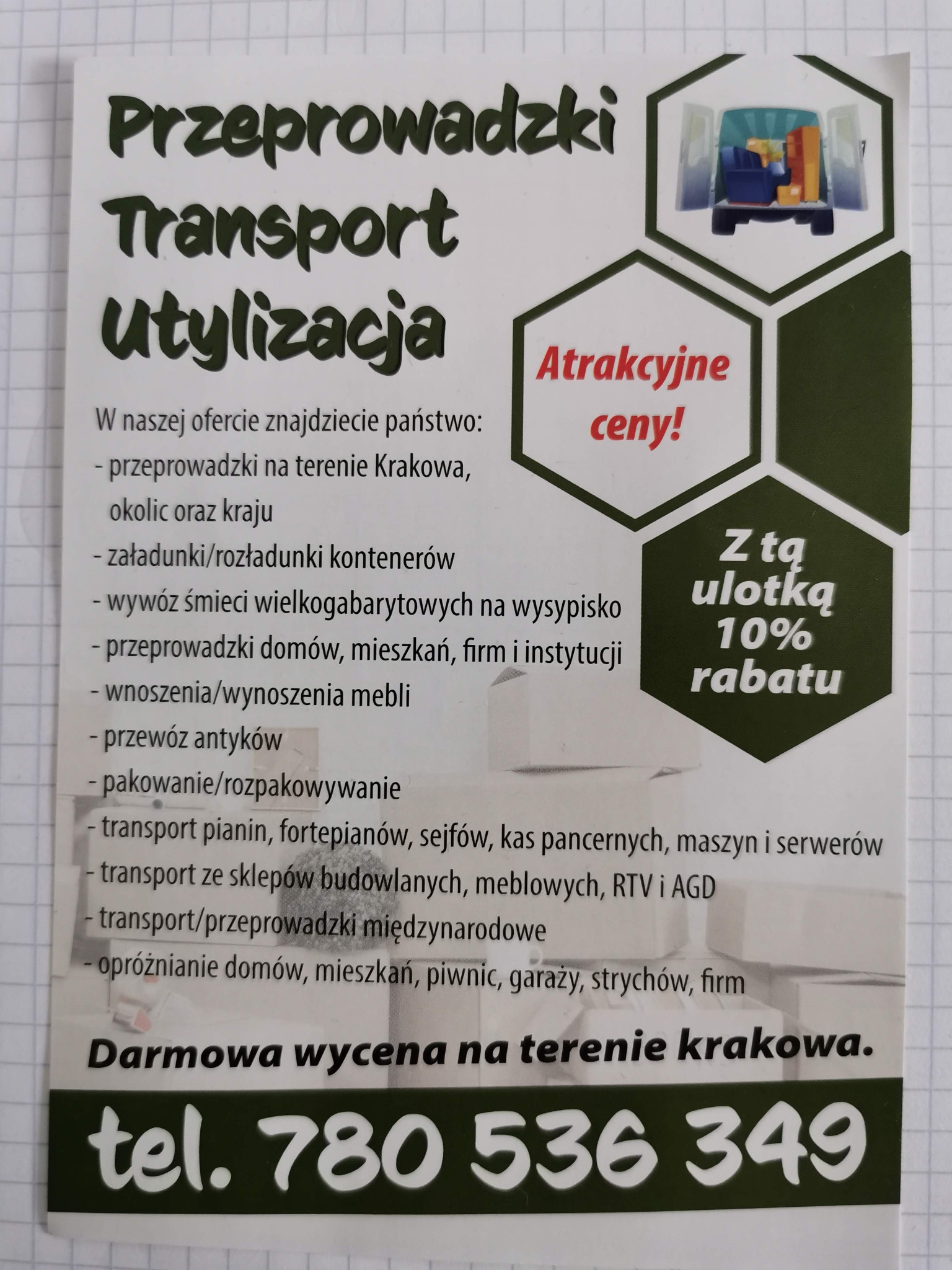 Ulotka reklamowa firmy oferującej usługi transportowe, w tym wywóz śmieci, transport pianin i antyków, z hasłem 'Atrakcyjne ceny!' i informacją o 10% rabacie.