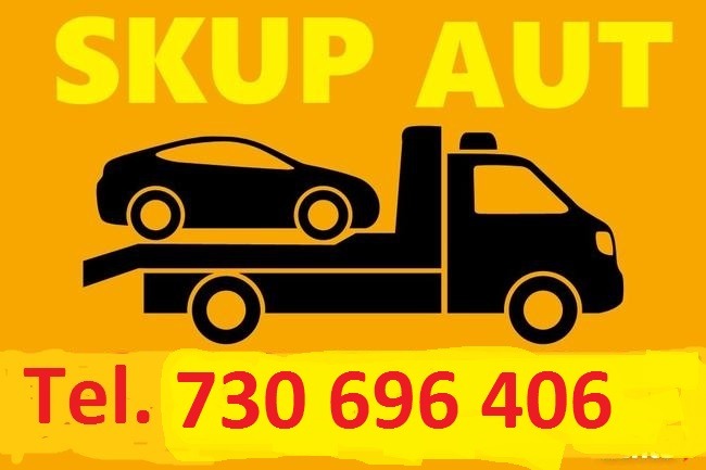 Grafika przedstawia czarną sylwetkę lawety z samochodem na żółtym tle, nad nią napis 'SKUP AUT' i numer telefonu.