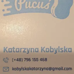 Wizytówka firmy sprzątającej 'Pucuś' Katarzyny Kobylskiej z Wałbrzycha, zawierająca logo z motywem czystości, numer telefonu i adres e-mail.