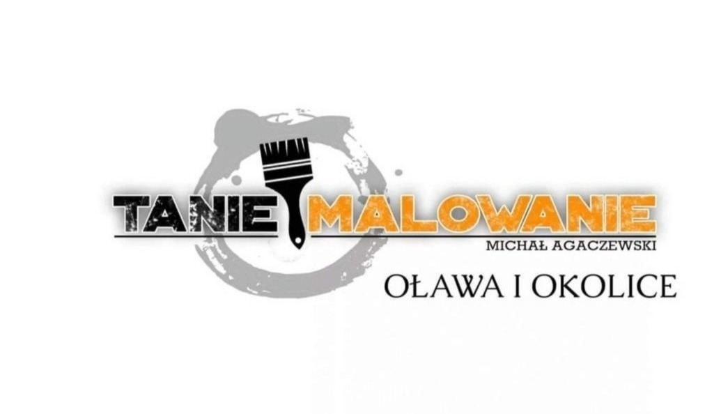 Logo firmy oferującej tanie usługi malarskie, z nazwą firmy, imieniem i nazwiskiem właściciela oraz obszarem działania: Oława i okolice. W tle widoczny obrys pędzla.