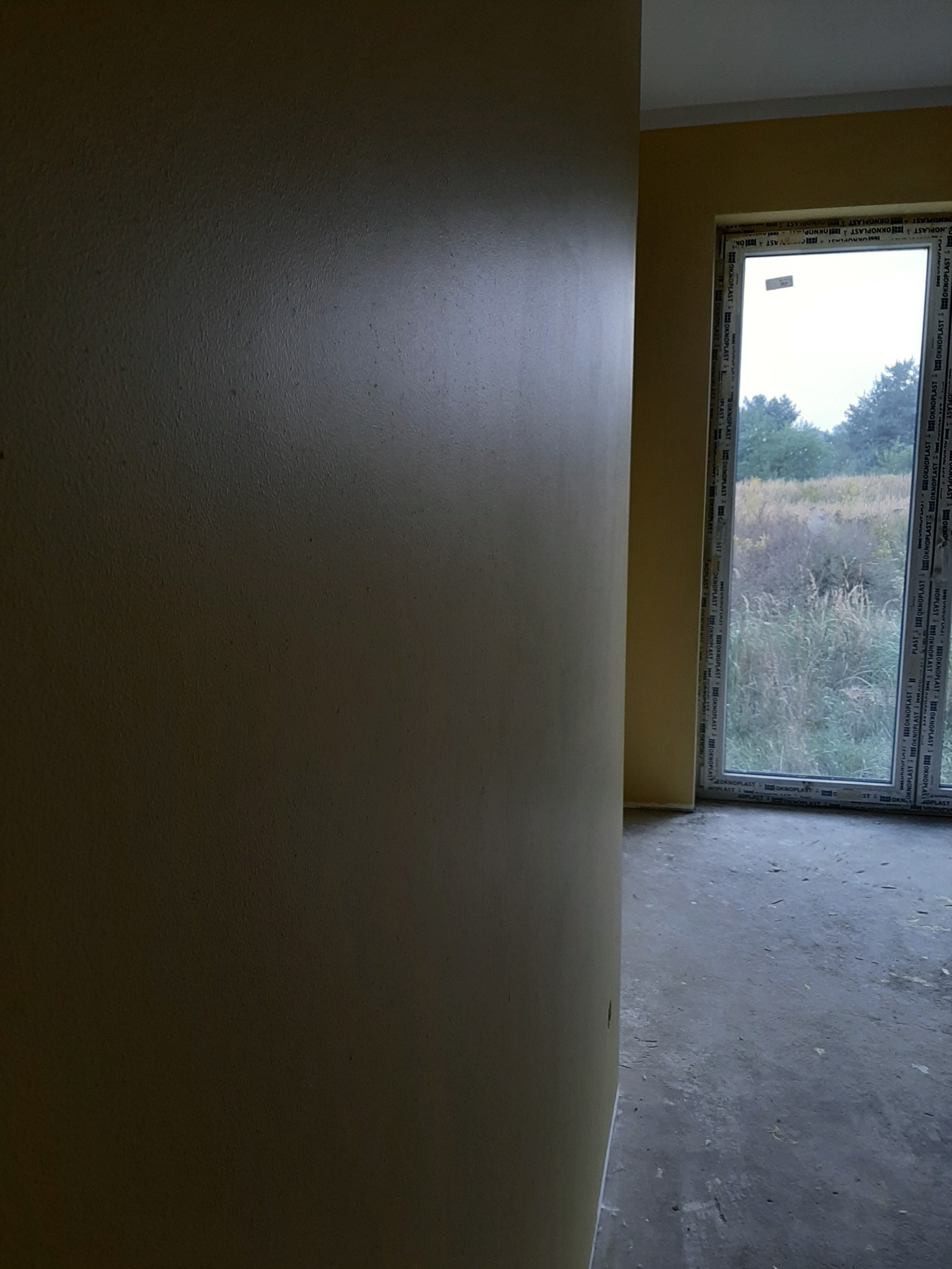 Świeżo pomalowana ściana w odcieniach beżu w nowym pomieszczeniu, widok na okno z widokiem na pole z wysoką trawą, surowa podłoga przed oknem.