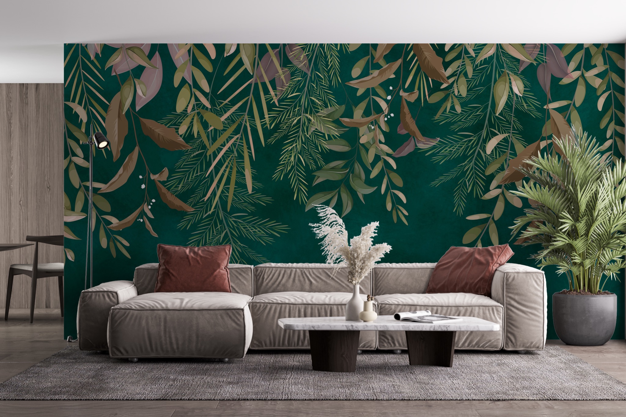 fototapeta malowane liściem kwiaty polne na butelkowym zielonym tle