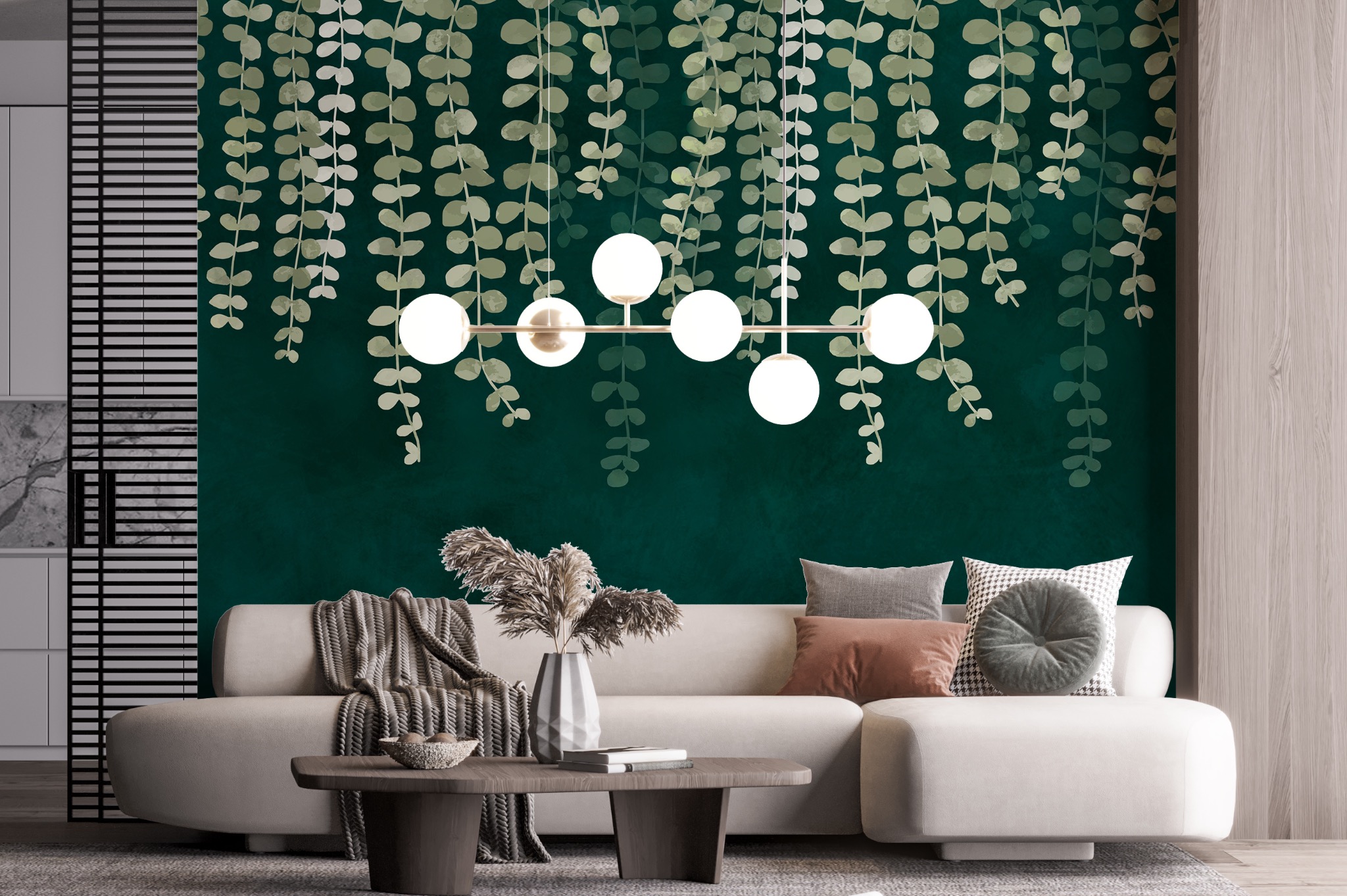 Fototapeta malowane zwisające listki girlandy jasnozielone na butelkowym tle