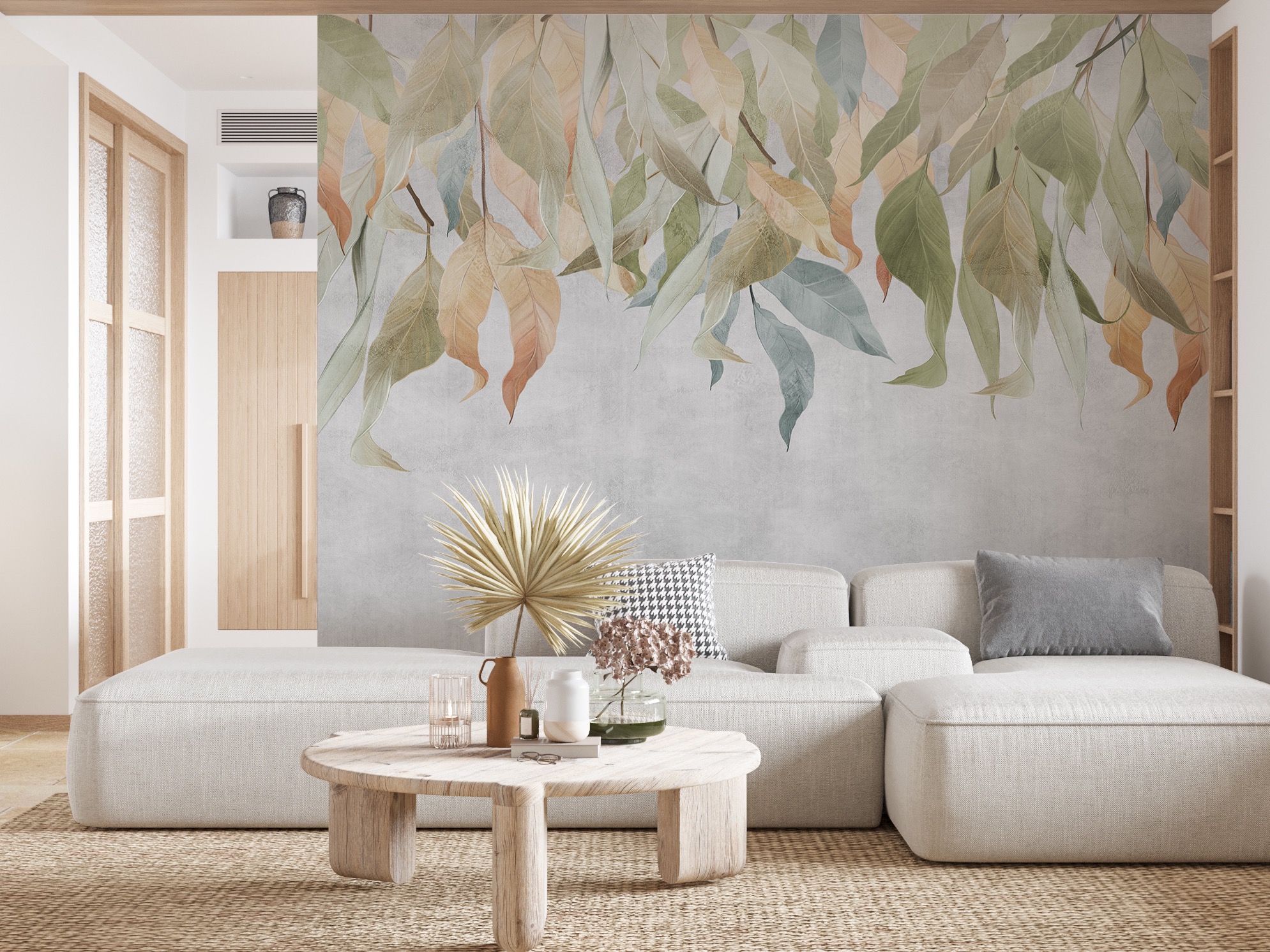 fototapeta malowane listki w pastelowych kolorach na jasnym szarym tle