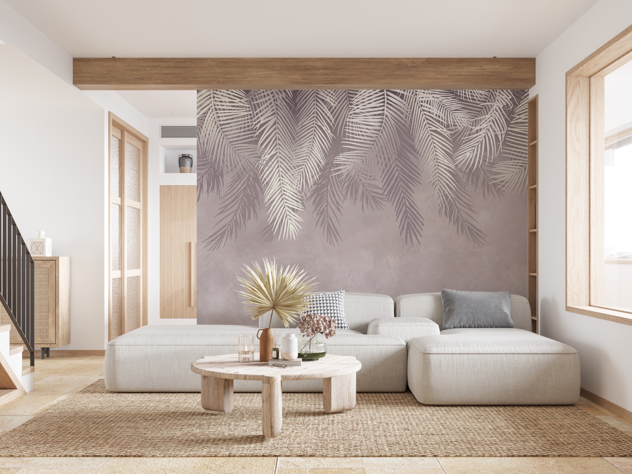 Fototapeta liście palmowe 3d zwisające przestrzenne w delikatnych kolorach