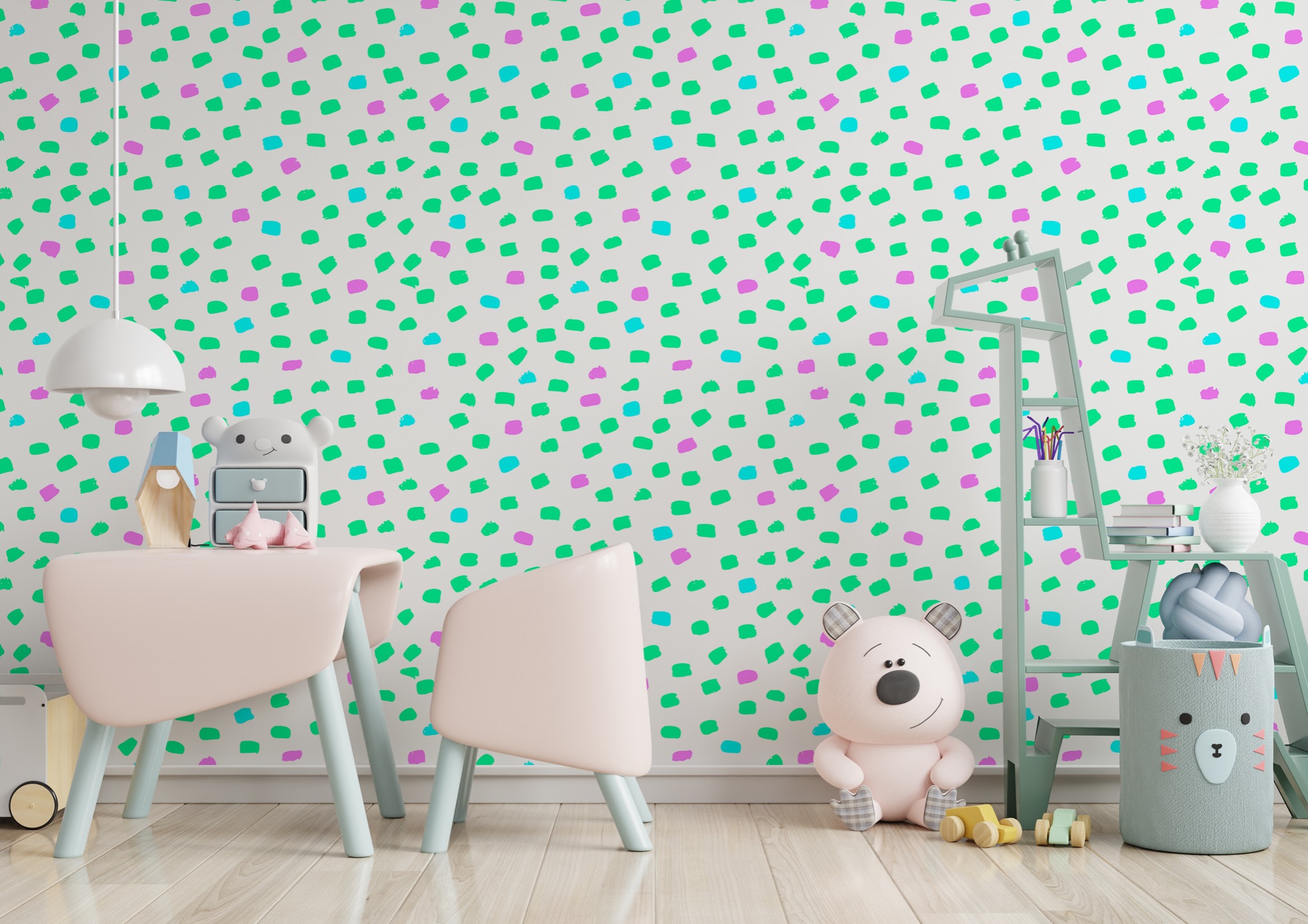 Pokój dziecięcy z pastelowymi meblami i wzorzystą tapetą w kropki: stolik, krzesełko, regał-drabinka, lampa wisząca i pluszowe zabawki