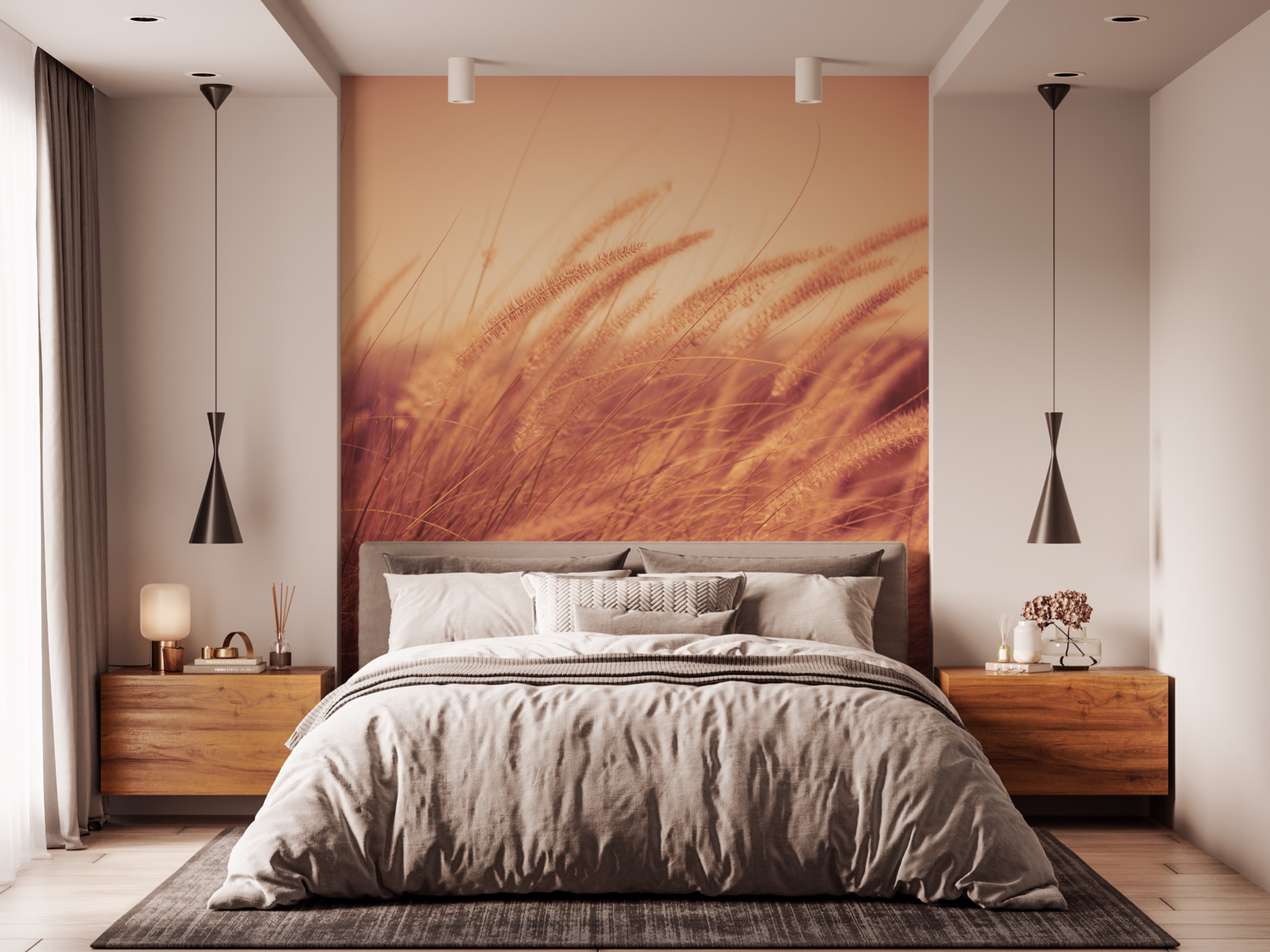 Nowoczesna sypialnia z łóżkiem, drewnianymi szafkami nocnymi, lampkami i fototapetą z motywem trawy, oświetlona wiszącymi lampami.