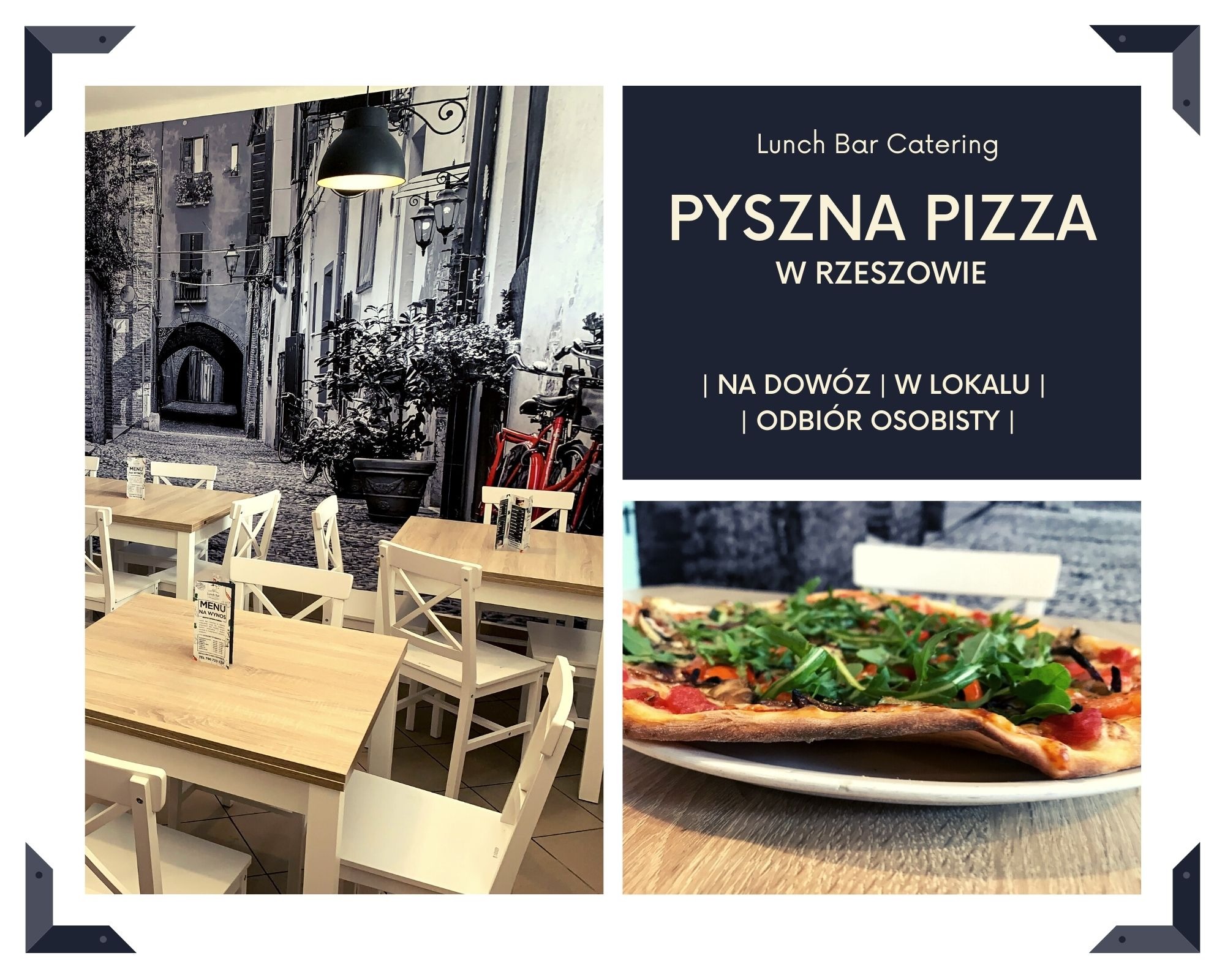 Wnętrze pizzerii z fototapetą przedstawiającą włoską uliczkę, stoliki z białymi krzesłami i pizzą z rukolą na talerzu.