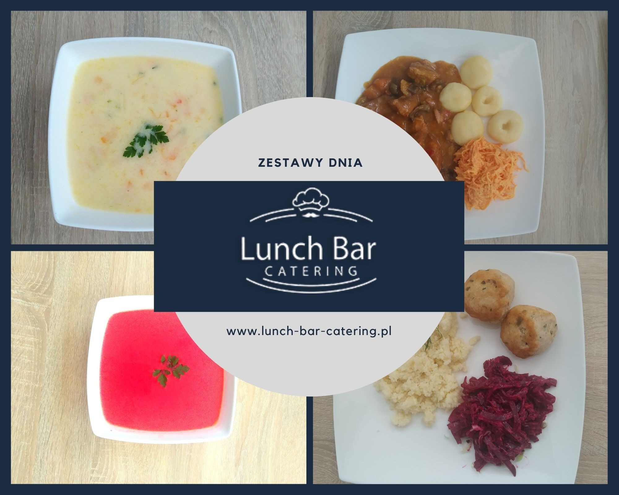 Kompozycja czterech dań obiadowych: kremowa zupa z zieloną pietruszką, gulasz z kluskami i surówką z marchwi, czerwony barszcz z zieloną pietruszką, oraz kotleciki z kaszą i buraczkami, na tle...