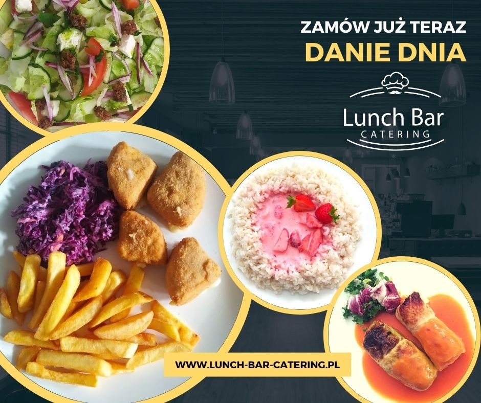 Kompozycja z czterech dań: sałatka warzywna z fetą, kotleciki z surówką i frytkami, ryż z sosem truskawkowym oraz roladki w sosie, prezentowane na tle z logo Lunch Bar Catering i napisem 'Danie dnia'.