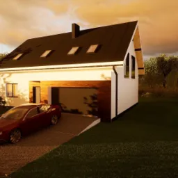 Wizualizacja nowoczesnego domu jednorodzinnego z garażem, czerwonym samochodem na podjeździe z kostki brukowej, w tle rodzina z psem na tle drugiego domu, ciepłe światło zachodzącego słońca.