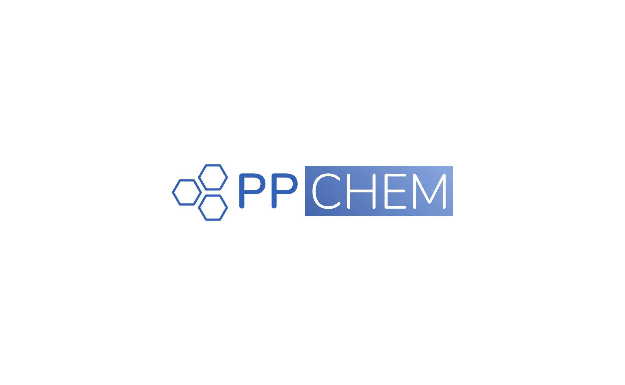 Logo firmy PP CHEM z trzema heksagonami po lewej stronie i nazwą firmy na niebieskim tle po prawej