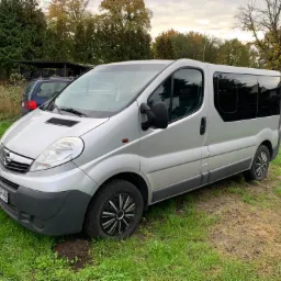 Srebrny Opel Vivaro 9-osobowy z 2013 roku, zaparkowany na trawiastym terenie, z widocznymi oponami w tle i osobą stojącą obok.