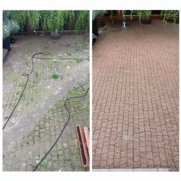 Para-System - Porównanie: Zabrudzona kostka brukowa przed czyszczeniem z chwastami i mchem, po prawej stronie wyczyszczona kostka brukowa, widoczne ślady wilgoci.