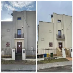 Porównanie stanu elewacji budynku przed i po czyszczeniu, widoczne różnice w kolorze i czystości powierzchni.
