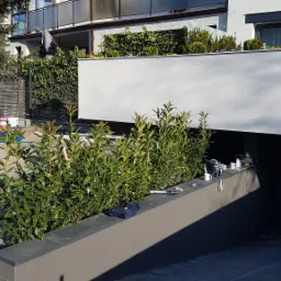 Mężczyzna w ciemnej bluzie stoi obok srebrnego samochodu i wiader z farbą, przygotowując się do odświeżenia elewacji budynku z białym, nowo pomalowanym fragmentem ściany i roślinami wzdłuż krawędzi.