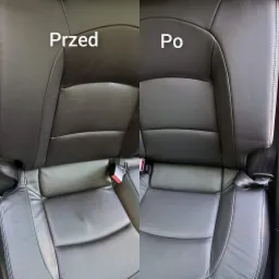 Porównanie fotela samochodowego przed i po czyszczeniu, widoczne różnice w odcieniu i czystości skóry.