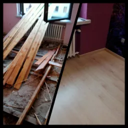 Porównanie stanu podłogi przed i po: po lewej stronie surowe deski podłogowe, po prawej ułożone panele podłogowe w jasnym odcieniu drewna, widoczny fragment ściany pomalowanej na fioletowo...
