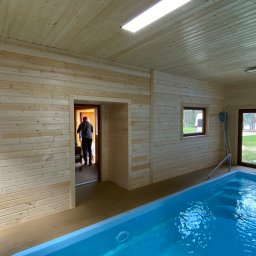 Konstrukcje Drewniane Błażej Gregus - Wnętrze budynku z drewna z basenem wewnętrznym, widok na zewnątrz przez duże okno, osoba w przejściu do innego pomieszczenia.