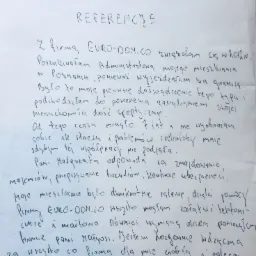 Skan odręcznie napisanego listu referencyjnego dla firmy EURO-DOM.CO, datowany na 04.05.2017, z podziękowaniami za pomoc w administrowaniu mieszkaniem w Poznaniu podczas wyjazdu za granicę.