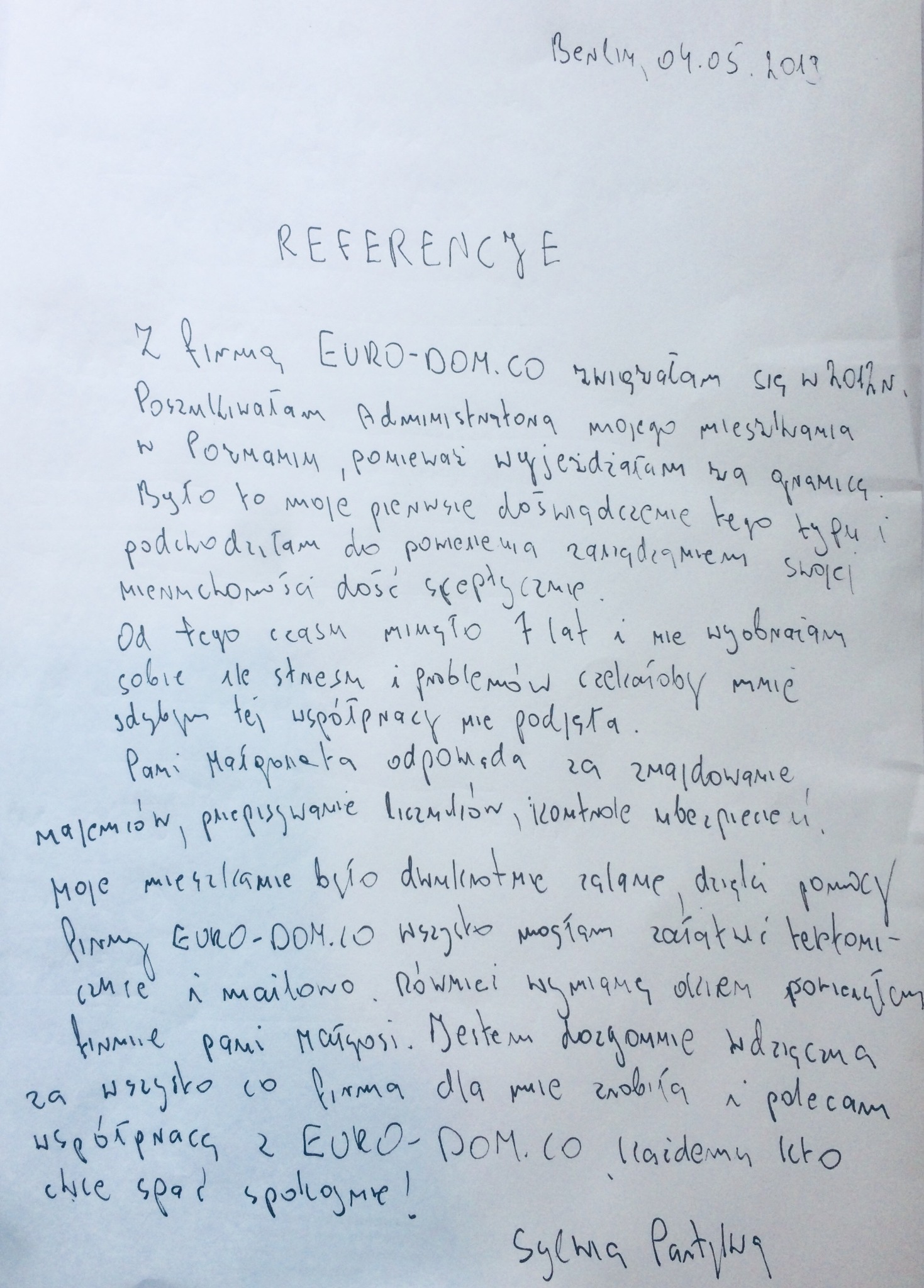 Skan odręcznie napisanego listu referencyjnego dla firmy EURO-DOM.CO, datowany na 04.05.2017, z podziękowaniami za pomoc w administrowaniu mieszkaniem w Poznaniu podczas wyjazdu za granicę.