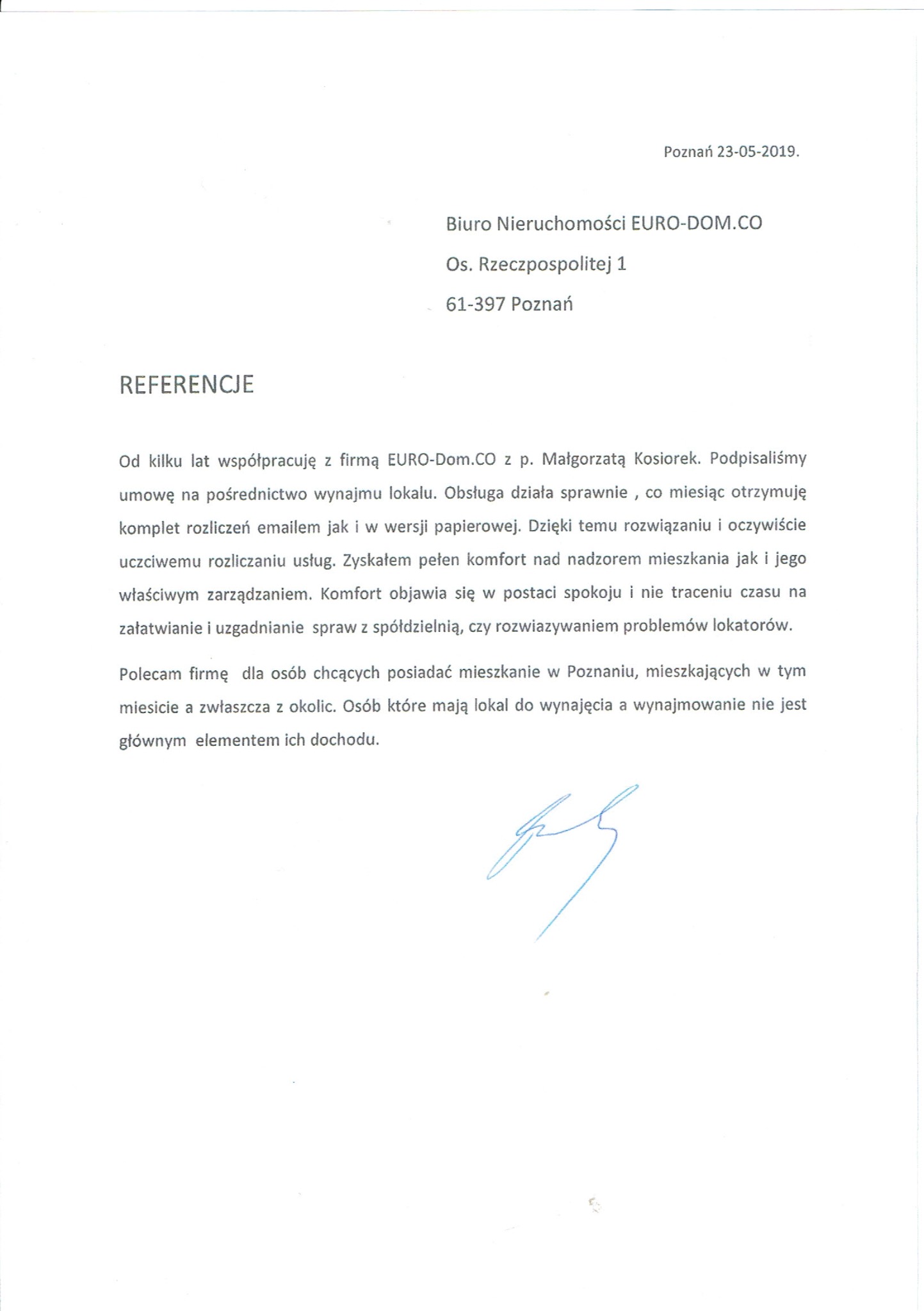 Skan referencji dla biura nieruchomości EURO-DOM.CO z Poznania, potwierdzający współpracę w zakresie pośrednictwa wynajmu lokalu, z datą 23-05-2019 i podpisem.