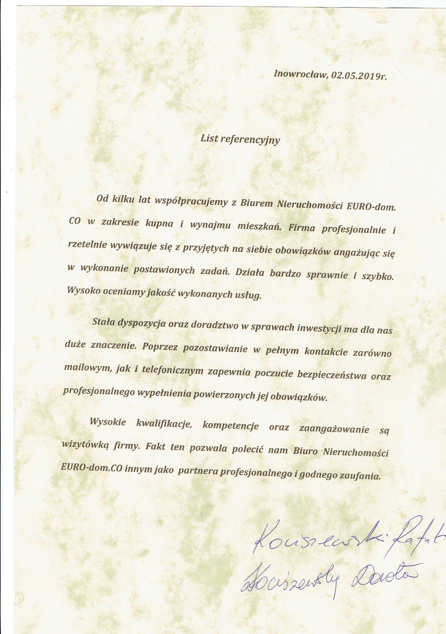 Skan listu referencyjnego dla biura nieruchomości EURO-dom. Dokument zawiera pozytywną opinię na temat współpracy w zakresie kupna i wynajmu mieszkań, z podpisami osób wystawiających referencje.