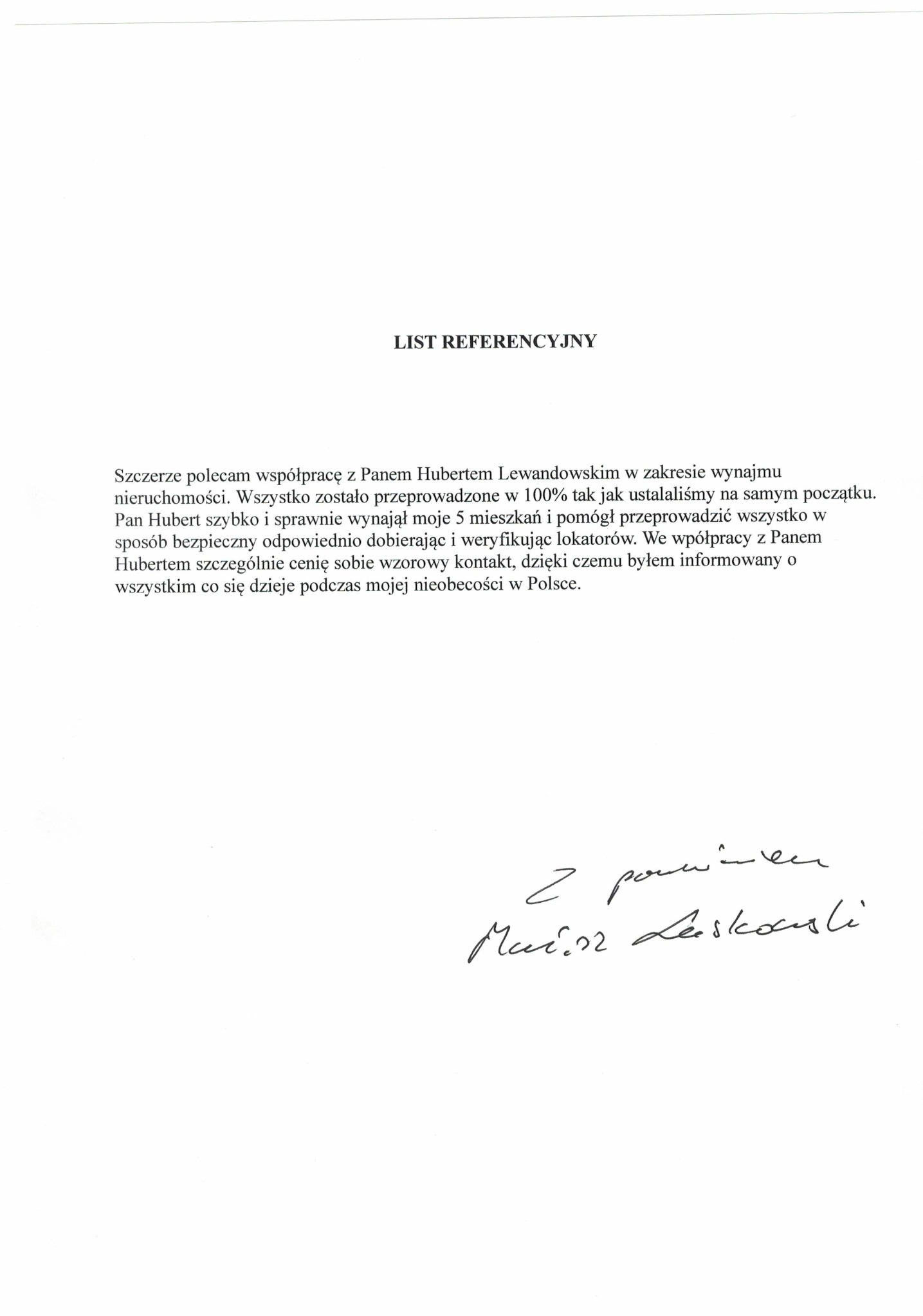 Skan listu referencyjnego z tekstem polecającym współpracę z Panem Hubertem Lewandowskim w zakresie wynajmu nieruchomości, zakończony odręcznym podpisem.