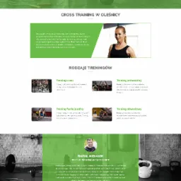 Strona internetowa siłowni CrossBox Oleśnica z zieloną kolorystyką, prezentująca sprzęt do ćwiczeń, logo i sekcje nawigacyjne, z akcentem na trening cross.