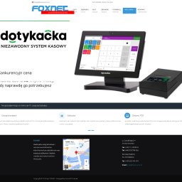 DRUPEO - Projektowanie stron WWW - Ekran dotykowy kasy fiskalnej z interfejsem dotykačka, obok drukarka fiskalna, na tle logo firmy Foxnet i informacji o 20 latach doświadczenia.