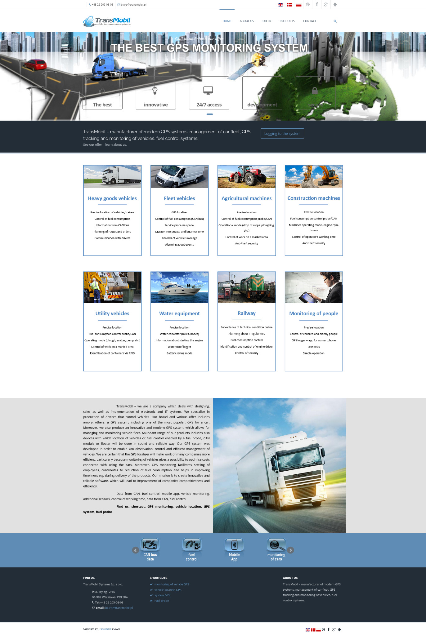 Strona internetowa firmy TransMobil, prezentująca system monitoringu GPS dla pojazdów, z grafiką ciężarówki w ruchu i ikonami przedstawiającymi różne typy pojazdów oraz funkcje systemu.