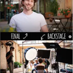 Zdjęcie podzielone na dwie części: górna pokazuje uśmiechniętego mężczyznę na tle kawiarni, dolna przedstawia ekipę filmową podczas kręcenia sceny na dziedzińcu z lampami, blendami i kamerą.