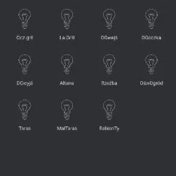 Interfejs aplikacji inteligentnego domu z ikonami żarówek i nazwami stref oświetlenia: Ośw.font, Ośw.oczk, Latarnia, Ośw.jaku, Ocz.gril, La.Grill, DGwejś, DGoczka, DGwyjś, Altana, Rzeźba, OśwOgród,...