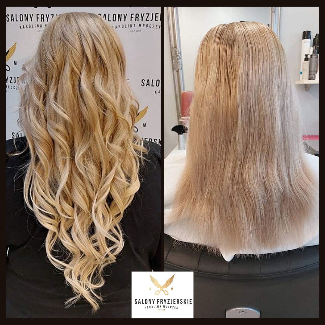 Blond włosy przed i po stylizacji: po lewej loki, po prawej proste, widok z tyłu na tle salonu.
