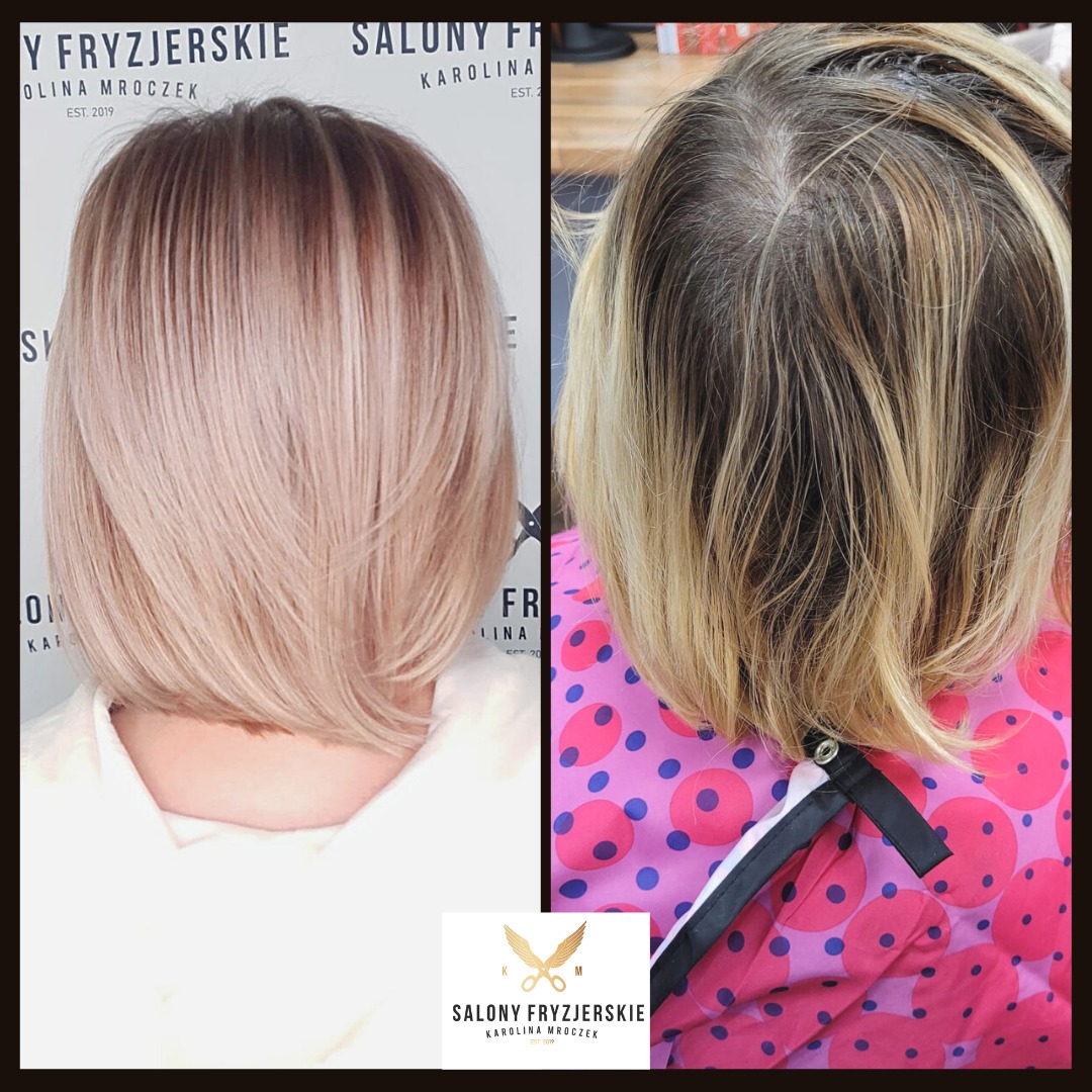 Porównanie: świeżo obcięte i wystylizowane włosy blond z ombre oraz włosy przed koloryzacją z widocznymi odrostami, klientka w pelerynie w różowe grochy.