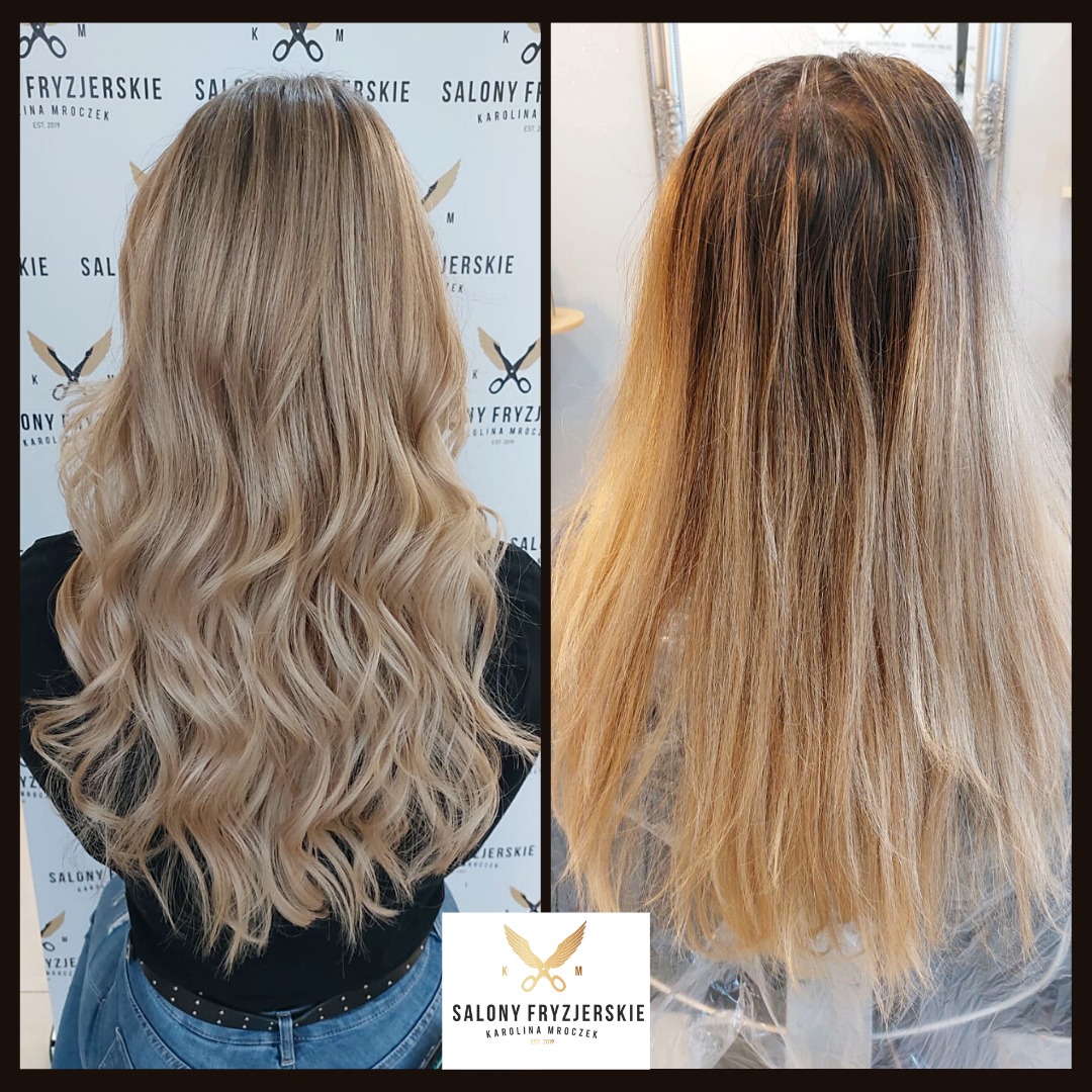 Koloryzacja włosów blond: efekt po prawej, włosy przed koloryzacją po lewej stronie, widoczne odrosty.