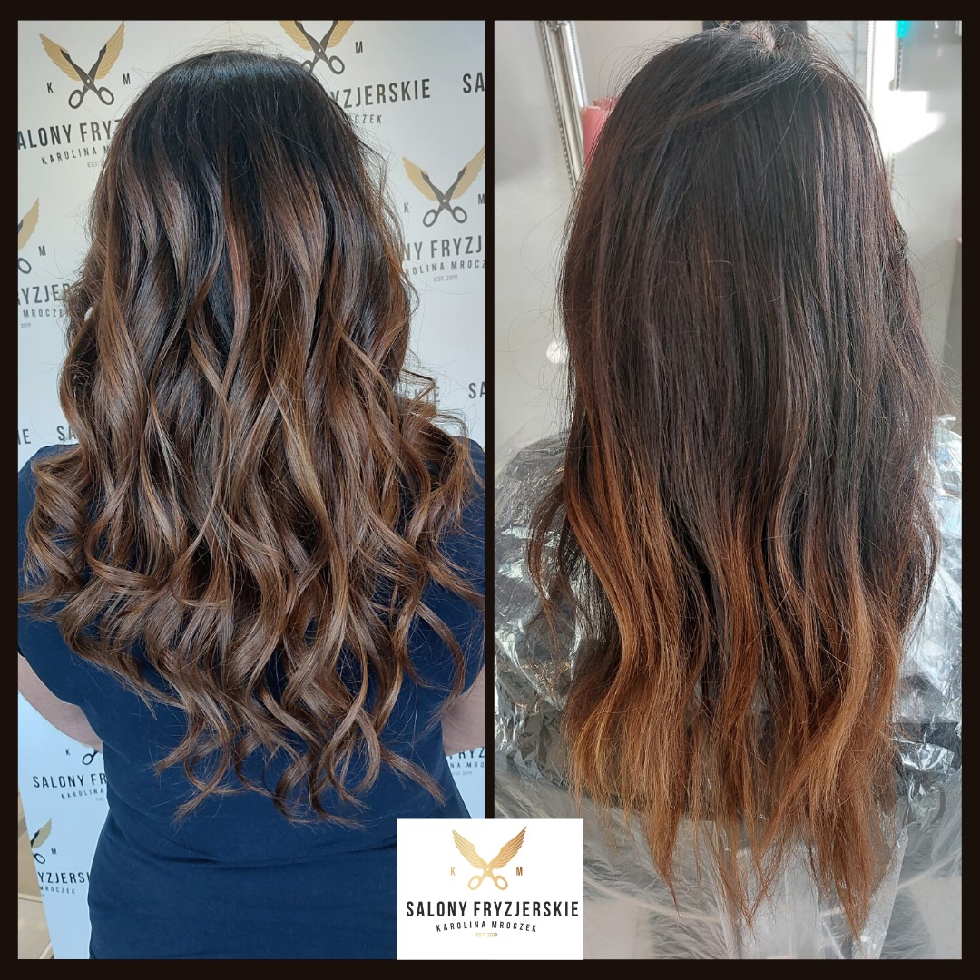 Porównanie włosów przed i po koloryzacji ombre: ciemny brąz u nasady przechodzący w jaśniejszy odcień na końcach, włosy po stylizacji delikatnie pofalowane.
