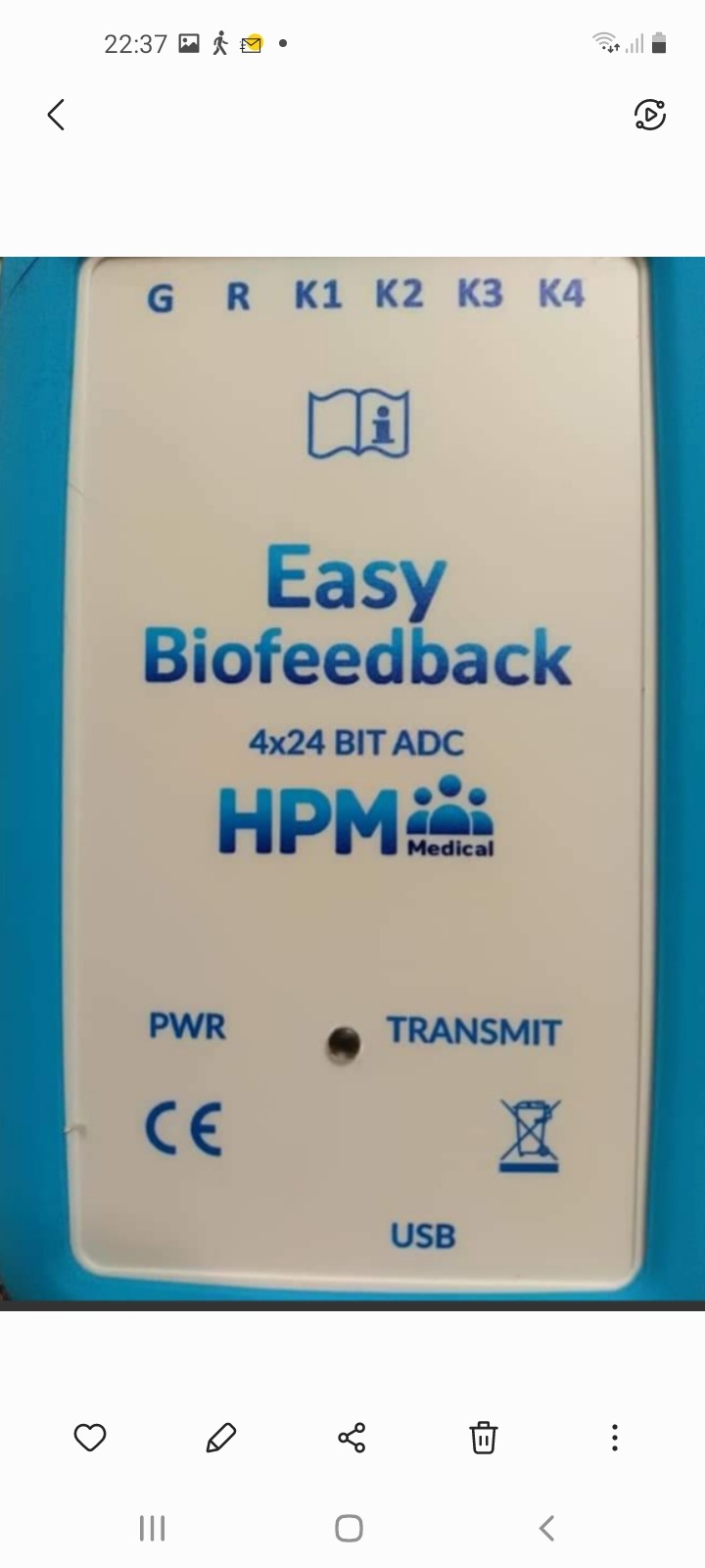 Panel urządzenia Easy Biofeedback z napisem 4x24 BIT ADC HPM Medical, przyciskami G, R, K1-K4, PWR, Transmit, USB, oraz znak CE i symbol recyklingu.