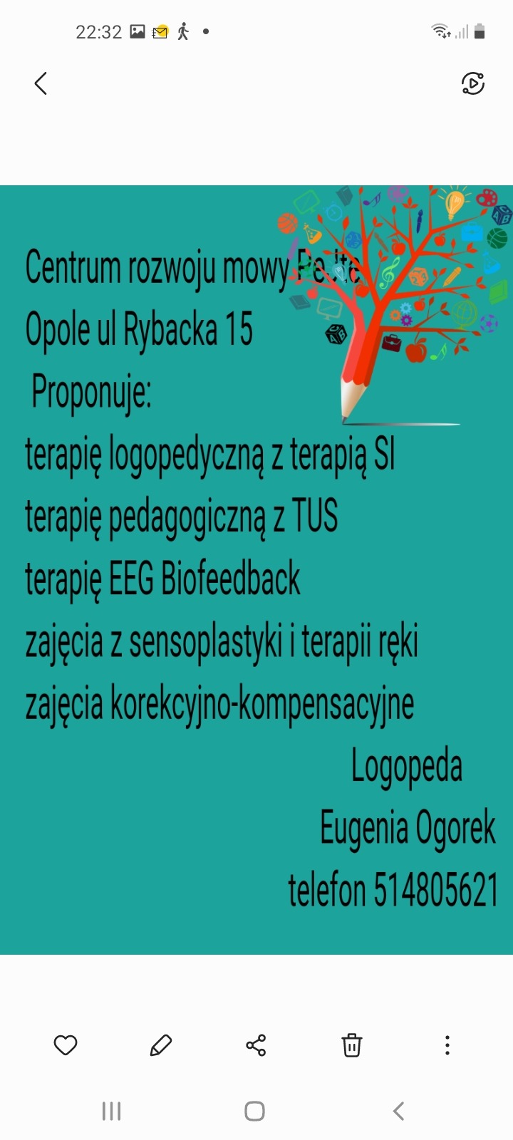 Ogłoszenie Centrum Rozwoju Mowy Felte w Opolu, oferującego terapię logopedyczną, pedagogiczną, EEG Biofeedback, zajęcia z sensoplastyki i terapii ręki oraz zajęcia korekcyjno-kompensacyjne,...