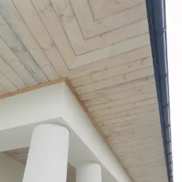 Drewniana podbitka dachowa w jasnym odcieniu, widoczna z perspektywy żabiej z ujęciem fragmentu rynny i białych kolumn podtrzymujących konstrukcję.