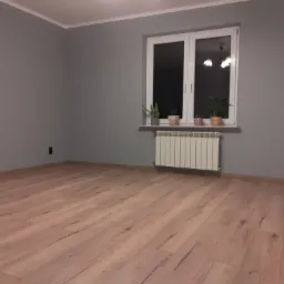 Pomalowane na szaro puste wnętrze pokoju z panelami podłogowymi, białym grzejnikiem i parapetem z doniczkami pod oknem.